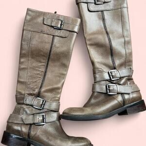 Greyish tan leather knee-high boots